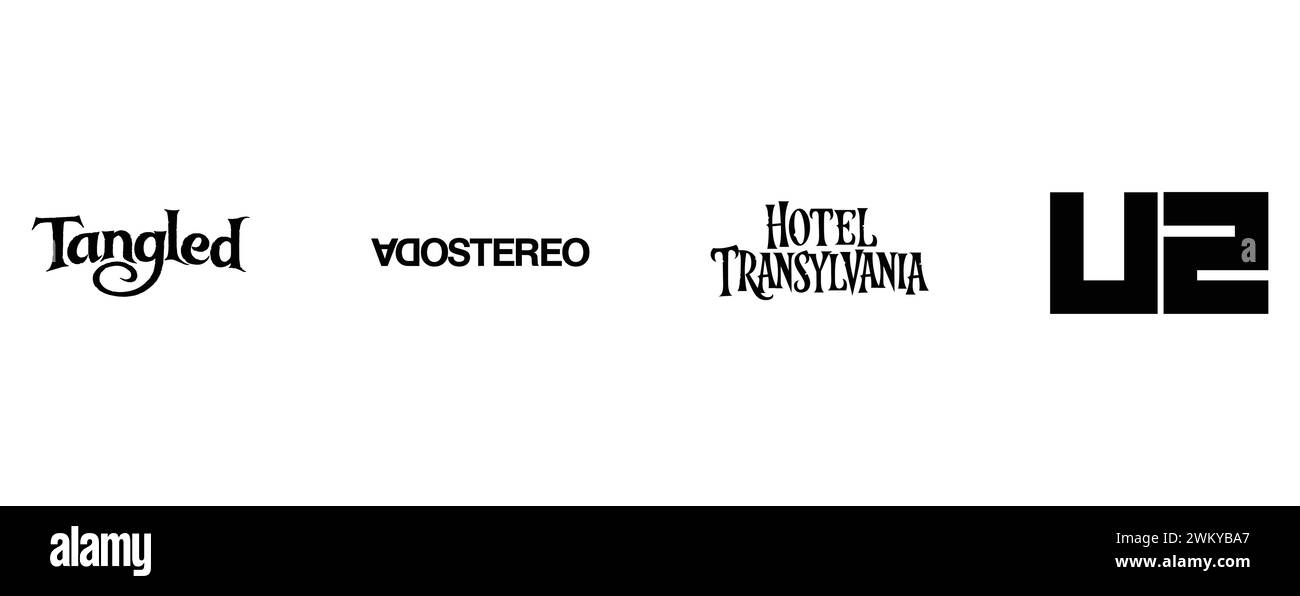 Soda-Stereo, verwirrt, Hotel Transylvanien, U2. Kollektion mit Top-Markenlogo. Stock Vektor