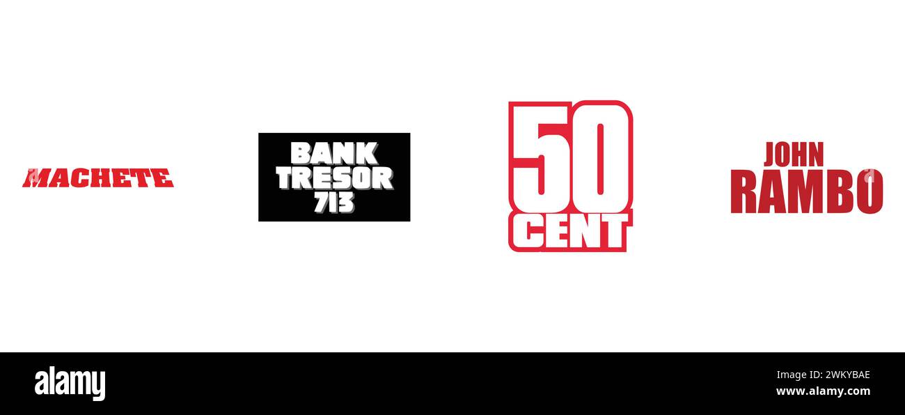 John Rambo, 50 Cent, Bank Tresor 713, Bank Tresor 713, Machete. Kollektion mit Top-Markenlogo. Stock Vektor