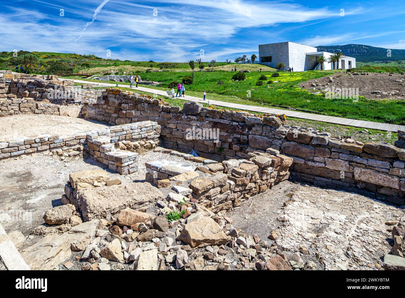 Dieses Bild fängt die antiken Ruinen der archäologischen Stätte Baelo Claudia im Vordergrund ein, während Besucher die historischen Wunder erkunden. In Th Stockfoto