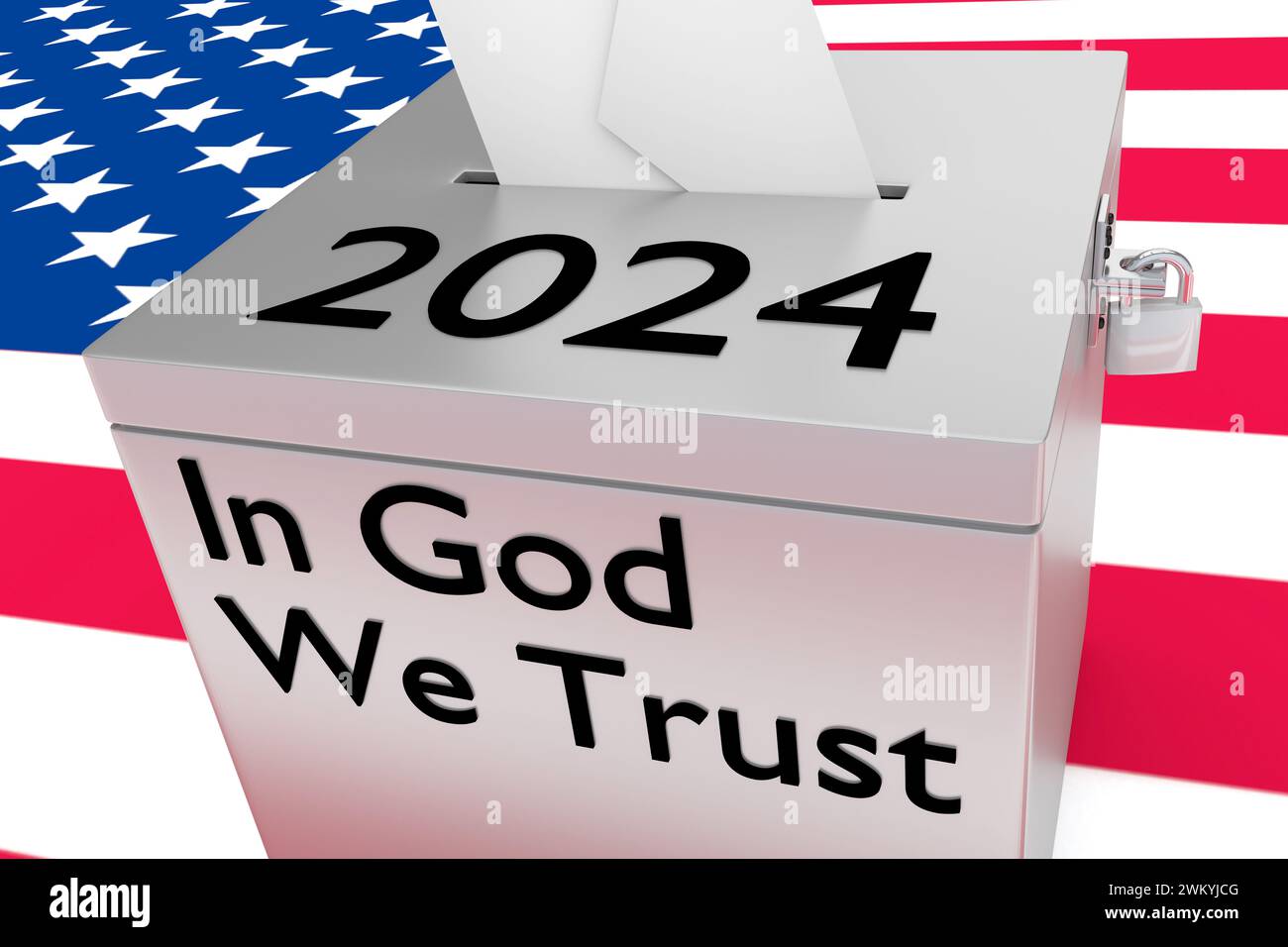3D-Illustration der Wahlurne 2024, mit dem Titel als Skript in God We Trust. Stockfoto