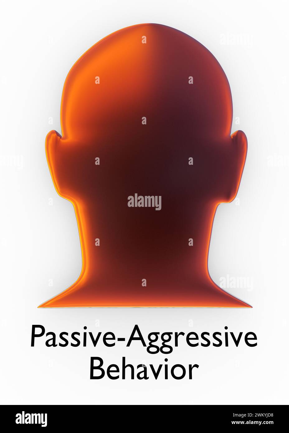 3D-Illustration einer Blume über einer dunkelroten Kopfsilhouette mit dem Titel Passiv-aggressives Verhalten. Stockfoto