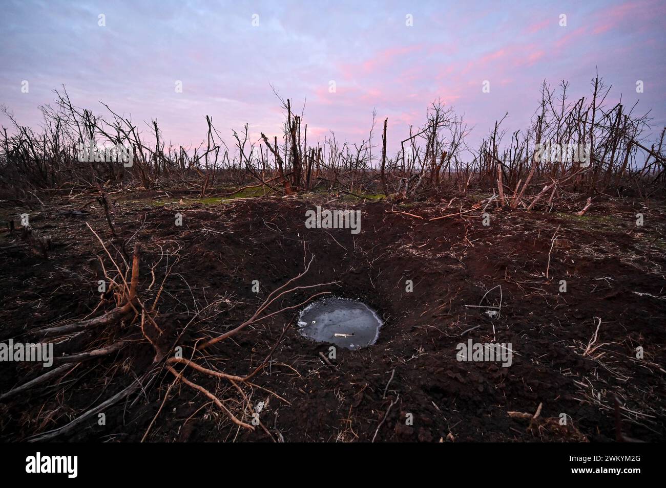 Nicht exklusiv: REGION ZAPORIZHZHIA, UKRAINE - 21. FEBRUAR 2024 - Ein Muschelkrater in der Nähe von Robotyne, Region Zaporizhzhia, Südostukraine. Stockfoto