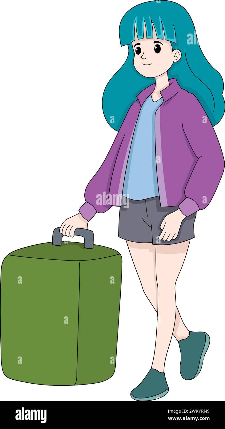 Glücklicher Urlaub, junges Mädchen Backpacker, Reise zu den Touristenattraktionen, Zeichentrick flache Illustration Stock Vektor