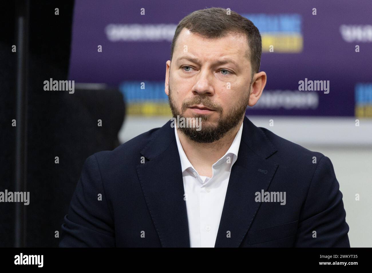 Kiew, Ukraine. Februar 2024. Oleksandr Klymenko, Leiter der Sonderstaatsanwaltschaft zur Korruptionsbekämpfung (SAPO), nimmt an einer Pressekonferenz über die Ergebnisse der SAPO-Aktivitäten im Jahr 2023 in Kiew Teil. (Foto: Oleksii Chumachenko/SOPA Images/SIPA USA) Credit: SIPA USA/Alamy Live News Stockfoto