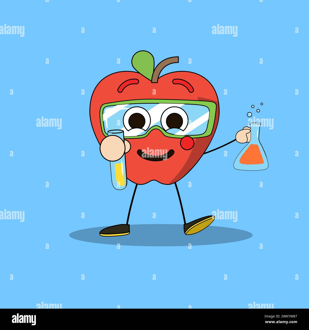 Kunst Illustration Doodle Kawaii Früchte Symbol Charakter Apple Mascot Aktivität des Lernens Chemie Stock Vektor