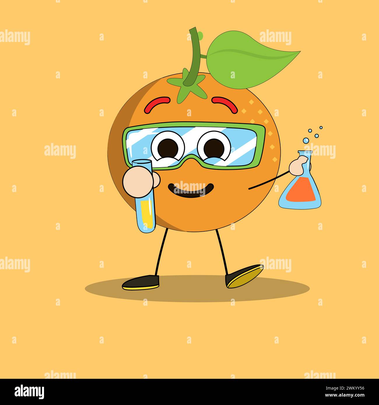 Kunst Illustration Doodle Kawaii Früchte Symbol Charakter Orange Mascot Aktivität des Lernens Chemie Stock Vektor