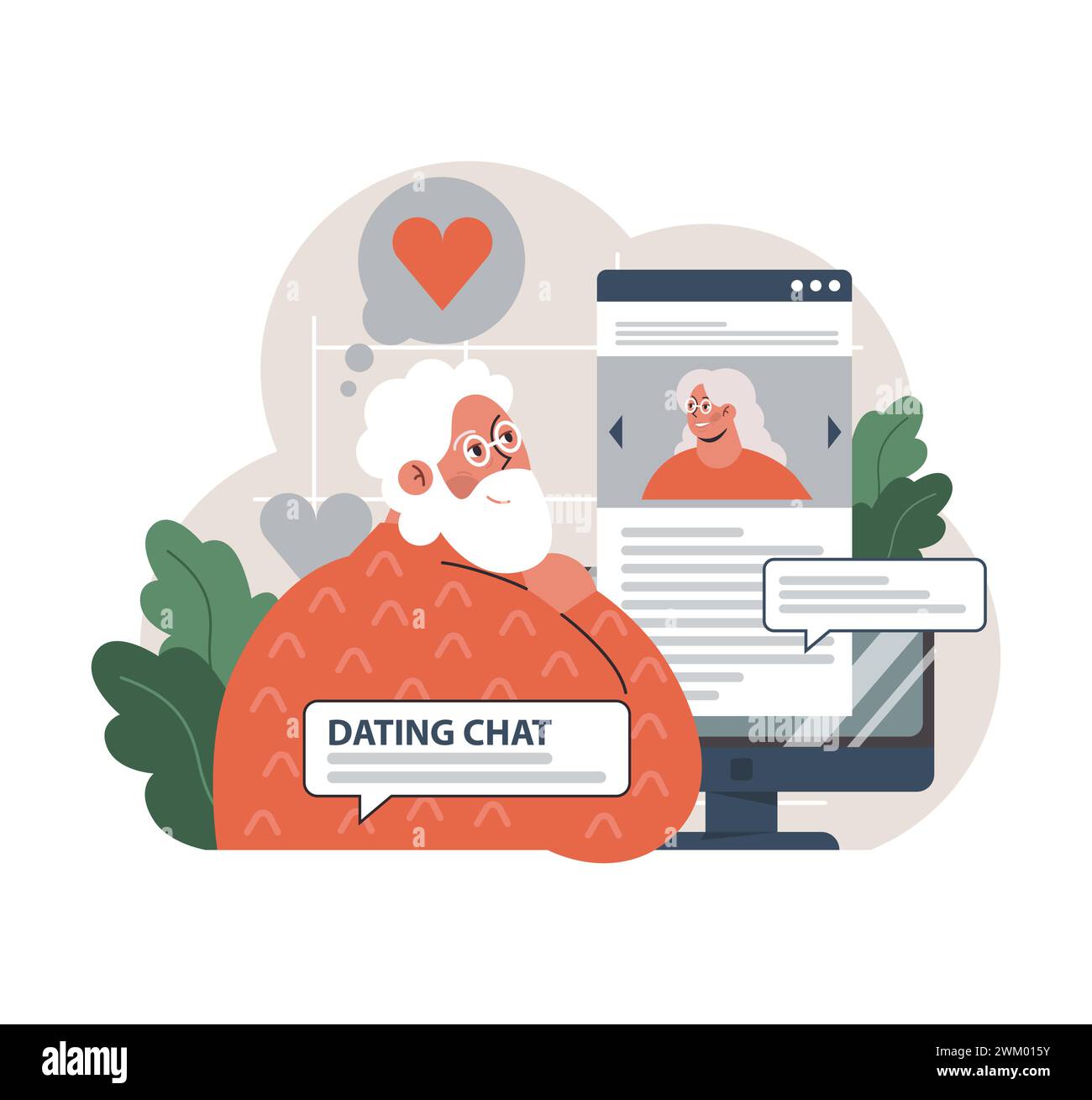 Senior Gentleman engagiert sich mit Online-Dating, visualisiert potenzielle Matches auf dem Bildschirm und weckt Gefühle der Hoffnung und Verbindung im digitalen Zeitalter. Illustration des flachen Vektors Stock Vektor