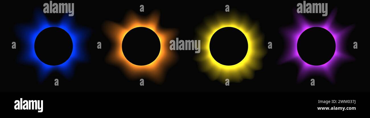 Kreis beleuchten Sie den Rahmen mit Verlauf. Set aus vier runden Neonbändern, isoliert auf schwarzem Hintergrund. Vektorabbildung Stock Vektor