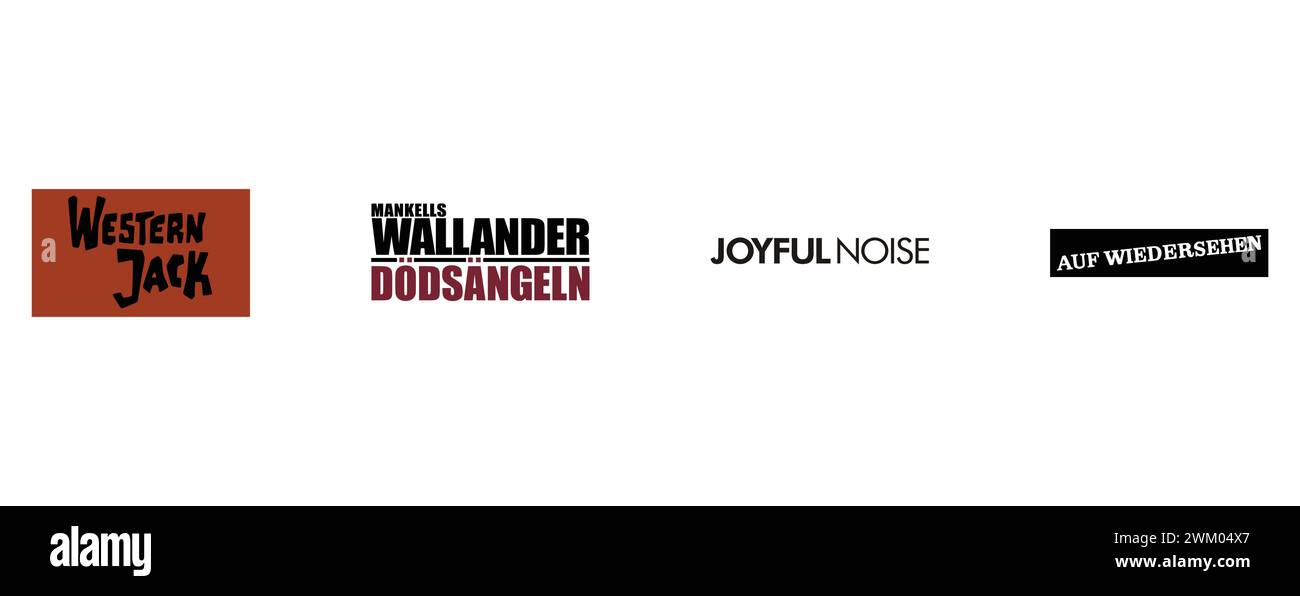 Auf Wiedersehen, Wallander Dodsangeln, Western Jack, Joyful Noise. Kollektion mit Top-Markenlogo. Stock Vektor