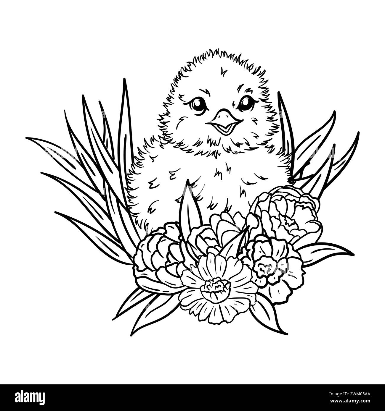 Ausmalseite mit Huhn in Gras und Blumen. Schwarzweiß-Illustration für Postkarte, Druck und Aufkleber Stock Vektor