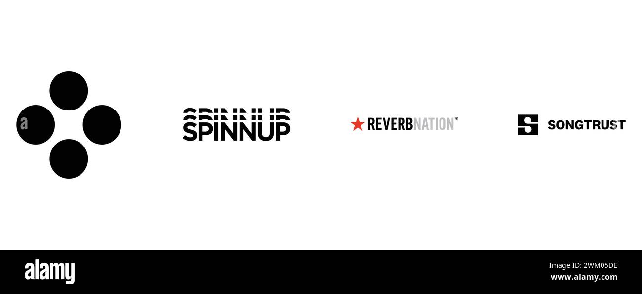Spinnup, Songtrust, Reverbnation, Movavi. Kollektion mit Top-Markenlogo. Stock Vektor