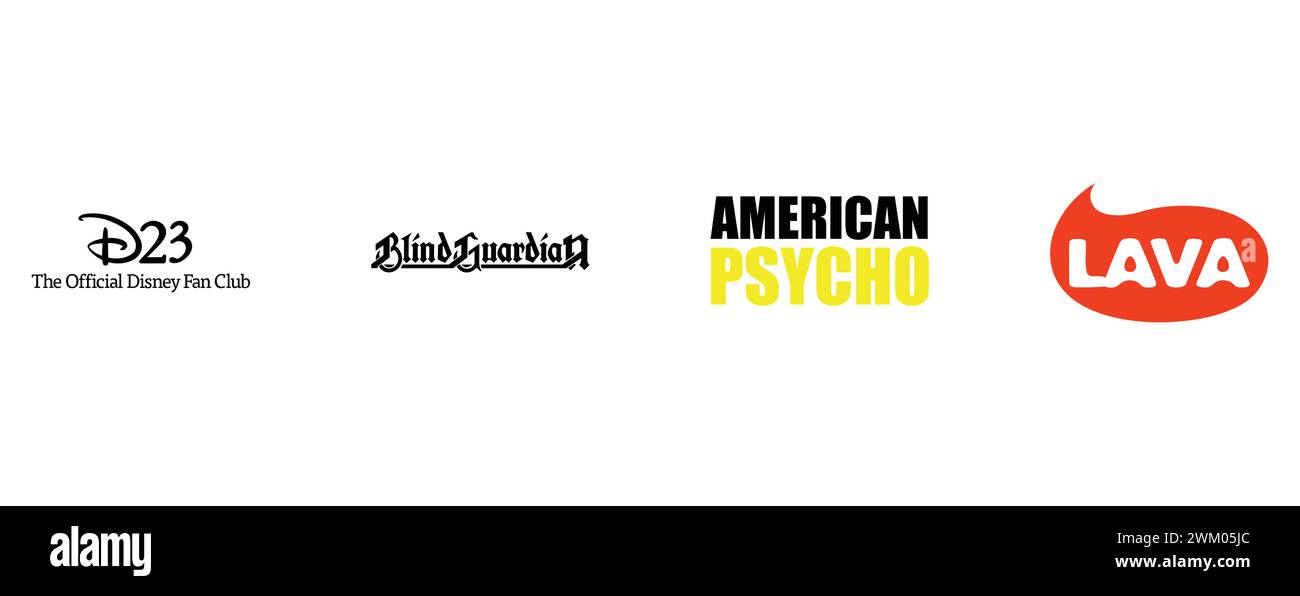 Lava Records, American Psycho, Disney D23, Blind Guardian. Kollektion mit Top-Markenlogo. Stock Vektor