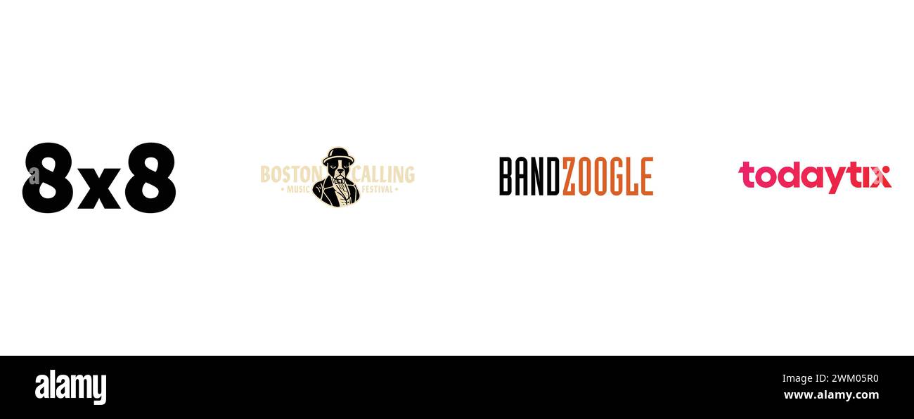 Bandzoogle, 8x8, Boston Calling, TodayTix. Kollektion mit Top-Markenlogo. Stock Vektor