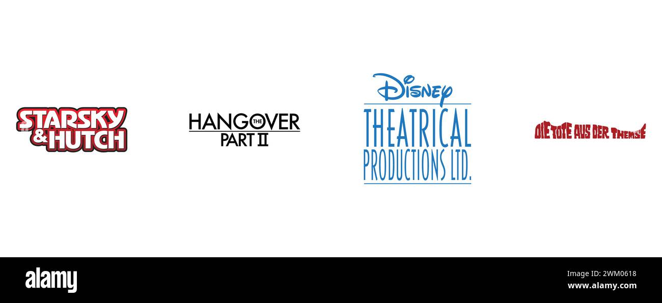 Starsky und Hutch, Disney-Theaterproduktionen, The Hangover 3, die Tote aus der Themse. Kollektion mit Top-Markenlogo. Stock Vektor
