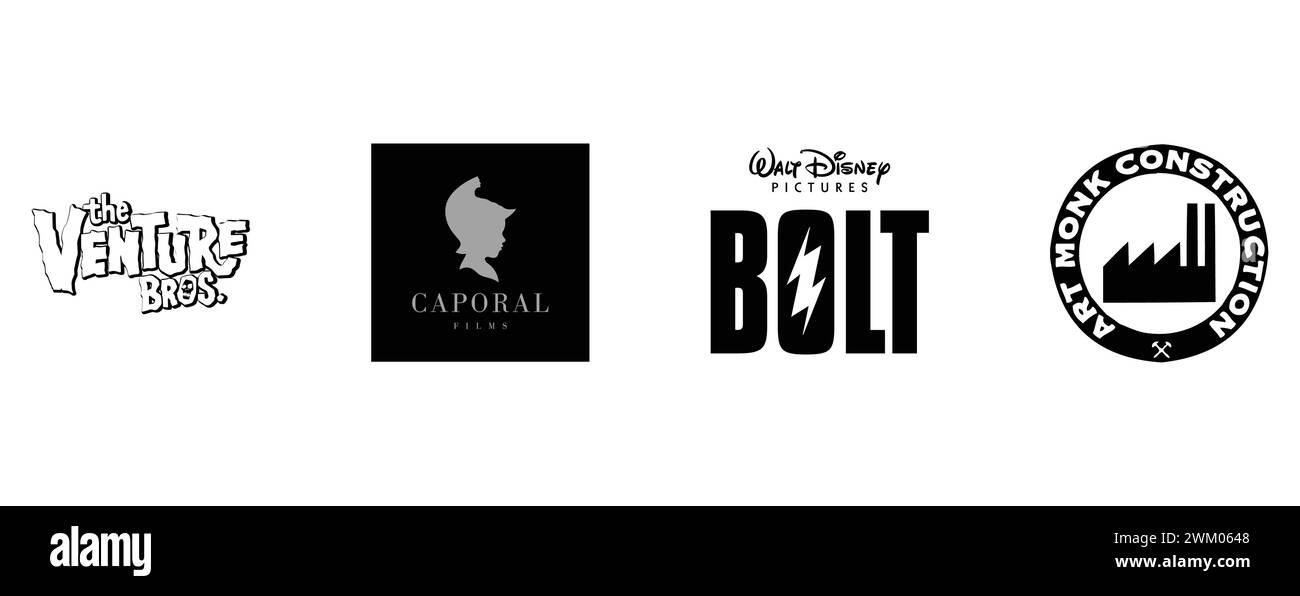 Art Monk Construction, Bolt, Caporal Films, The Venture Bros Kollektion mit Top-Markenlogo. Stock Vektor