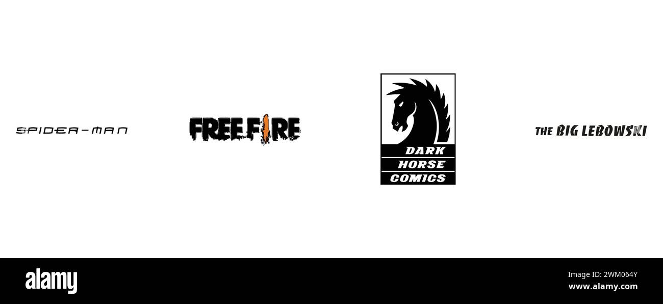 Der Große Lebowski, Spider Man, Dark Horse Comics, Freefire. Kollektion mit Top-Markenlogo. Stock Vektor