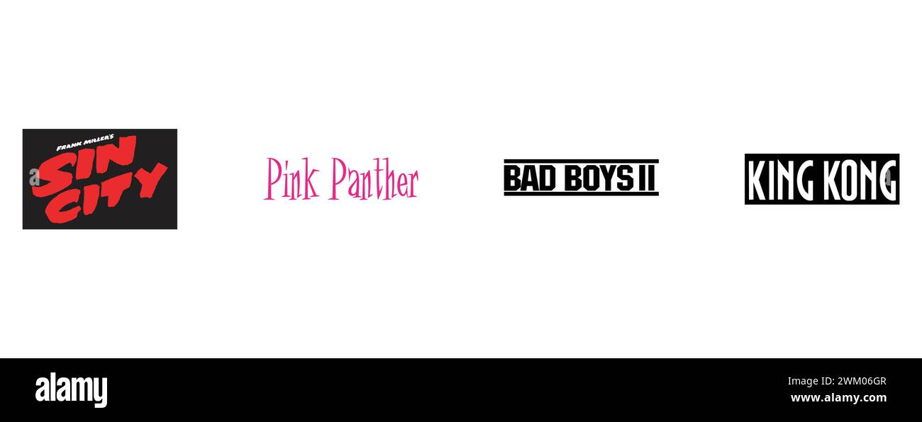 King Kong, Pink Panther, Sin City, Bad Boys 2. Kollektion mit Top-Markenlogo. Stock Vektor