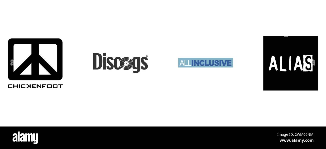 Alias, Chickenfoot, Discogs, All Inclusive. Kollektion mit Top-Markenlogo. Stock Vektor