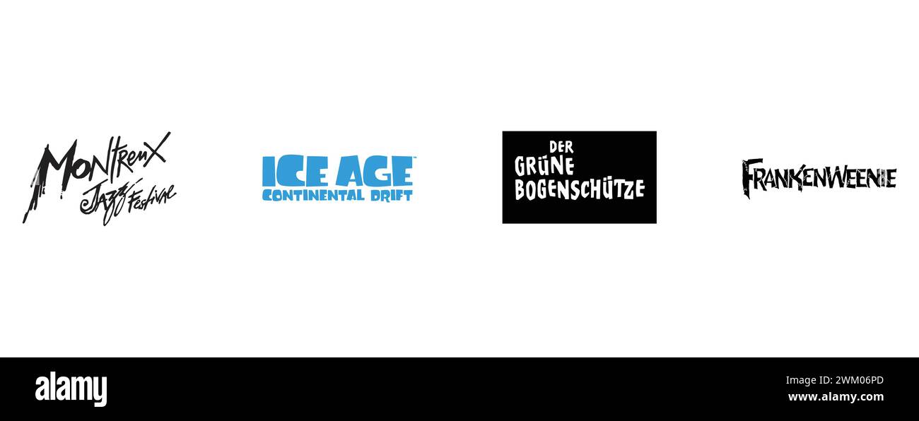Frankenweenie, der gruene Bogenschuetze, Montreux Jazz Festival, Ice Age Continental Drift. Kollektion mit Top-Markenlogo. Stock Vektor