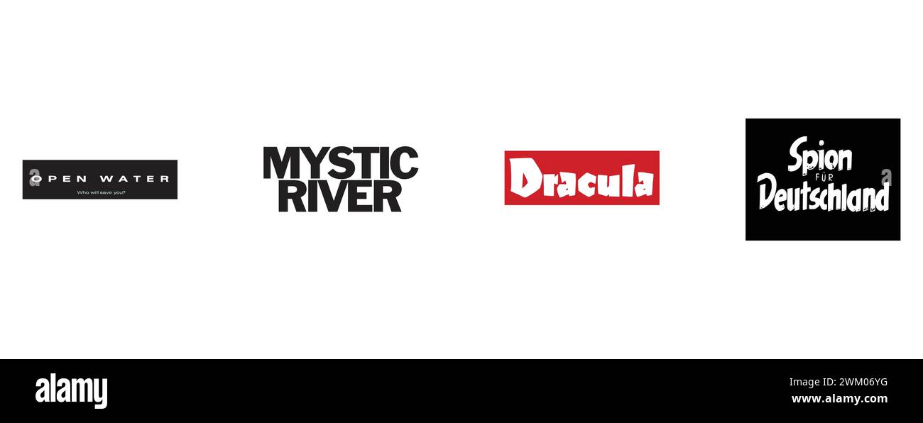 Spion Fell Deutschland, Dracula, Open Water, Mystic River. Kollektion mit Top-Markenlogo. Stock Vektor