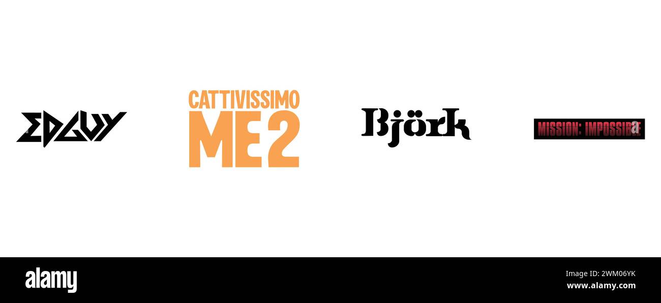 Mission Impossible, Edguy, Cattivissimo Me 2, Bjork. Kollektion mit Top-Markenlogo. Stock Vektor