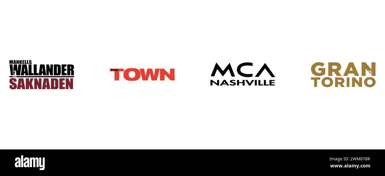 Gran Torino, Wallander Saknaden, The Town, MCA Nashville. Kollektion mit Top-Markenlogo. Stock Vektor