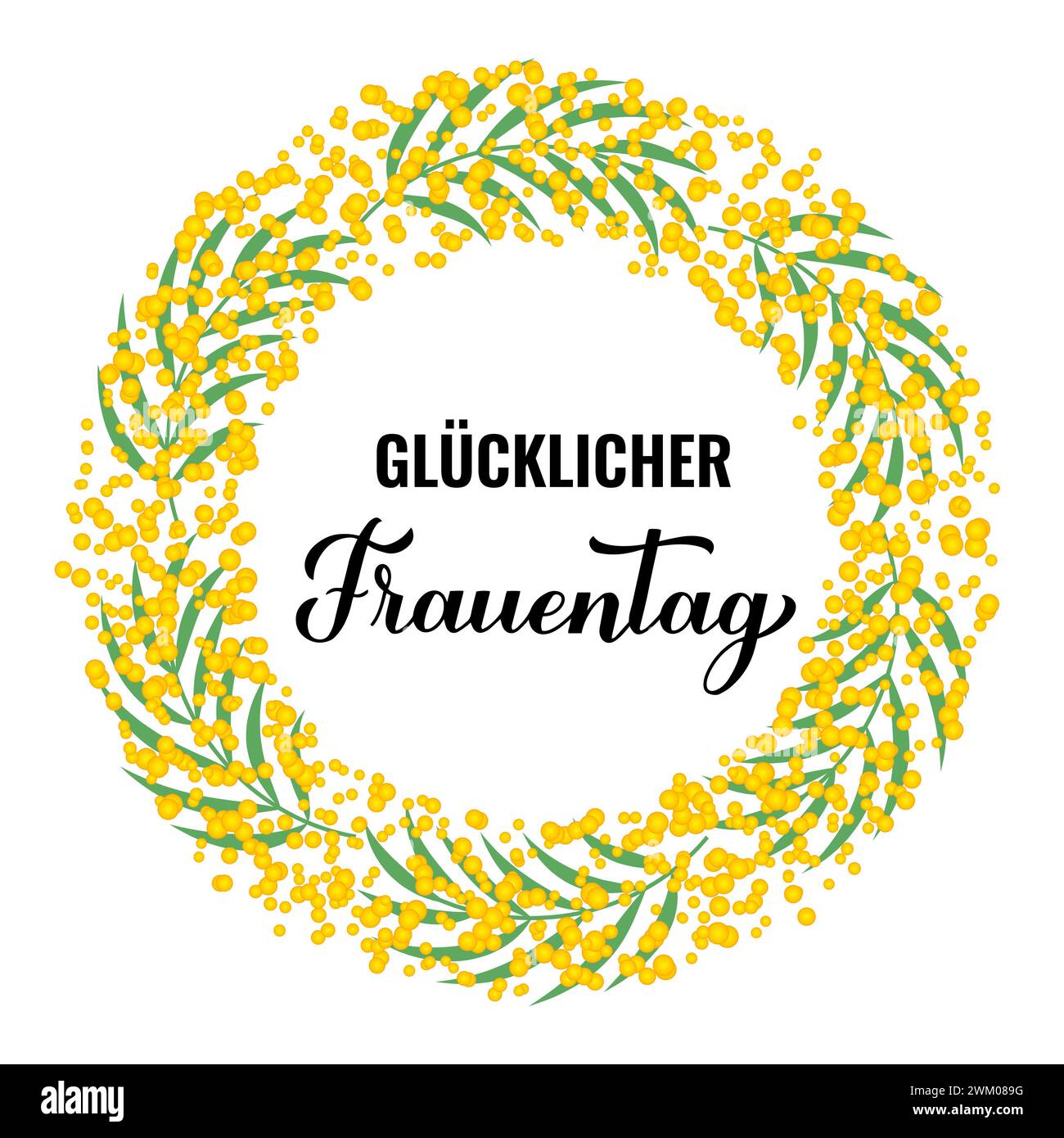 Frauentag - Happy Womens Day auf Deutsch. Kalligraphie-Handschrift mit Blumenkranz. Poster zur Typografie des Internationalen Frauentages. vektortempl Stock Vektor