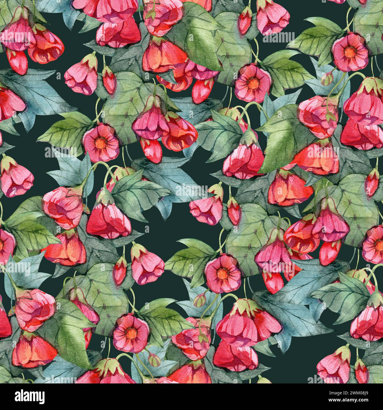 Aquarell nahtlose Kunst abutilon Blumen. Nahtloses Muster, digitales Papier, Stoffdesign, Oberflächendesign Stockfoto