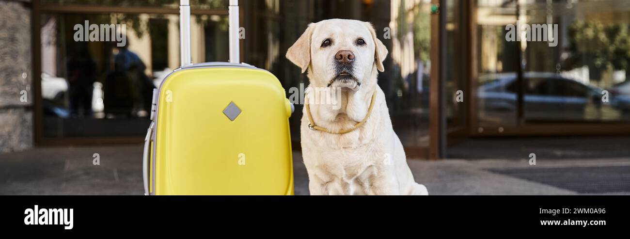 Niedliches labrador, das neben gelbem Gepäck in der Nähe des Eingangs eines haustierfreundlichen Hotels sitzt, Reisebanner Stockfoto