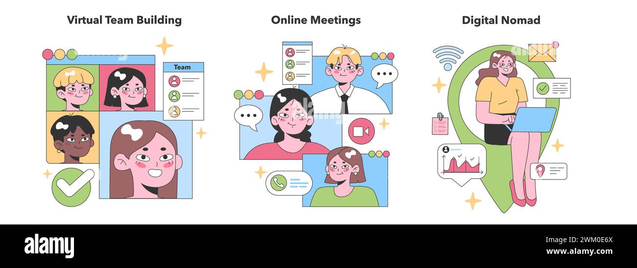 Eine farbenfrohe Darstellung der virtuellen Teambildung, der Dynamik von Online-Meetings und des Lebensstils digitaler Nomaden, die moderne Remote Collaboration veranschaulicht. Illustration des flachen Vektors Stock Vektor