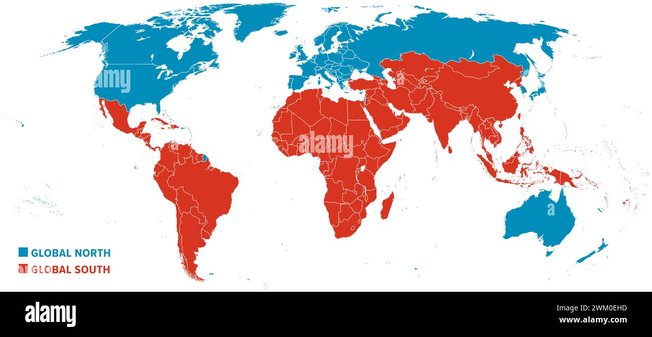 Globaler Norden und globaler Süden, Karte der Welt mit Ländern, die nach ihrer Wirtschaft klassifiziert sind. Die entwickelten Länder in Blau, die Entwicklung in Rot. Stockfoto