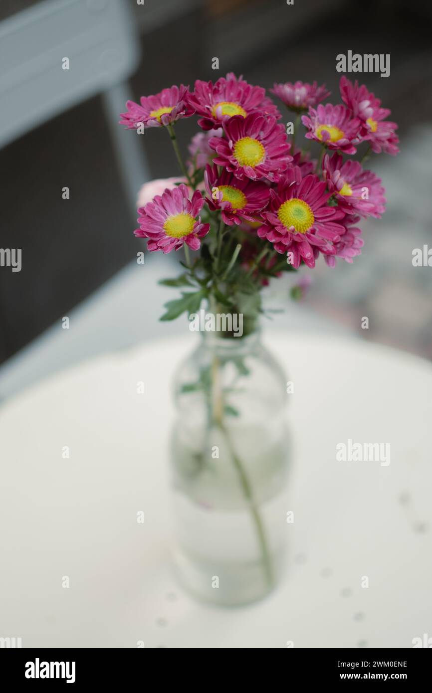 Rosa Blumen in einer Glasvase auf einer Tischdecke Stockfoto