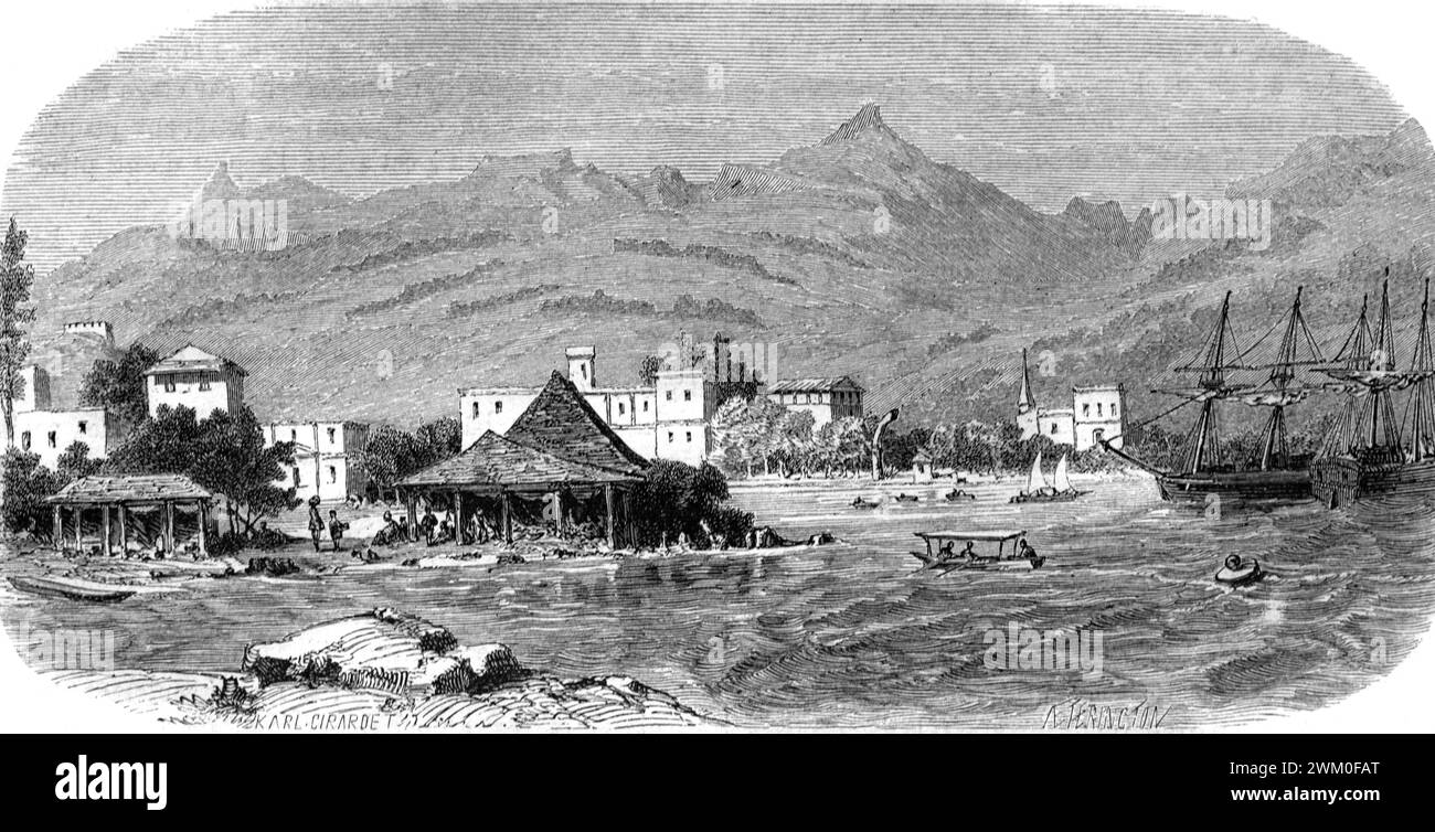 Frühe Aussicht auf Port Louis Waterfront, Hauptstadt von Mauritius. Vintage oder historische Gravur oder Illustration 1863 Stockfoto