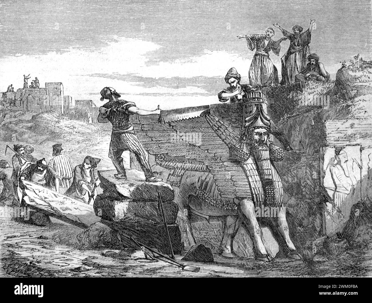 Archäologische Ausgrabungen oder archäologische Ausgrabungen in der antiken assyrischen Stadt Ninive, auch bekannt als Kouyunjik, heute die Stätte von Mosul im Nordirak. Vintage oder historische Gravur oder Illustration 1863 Stockfoto