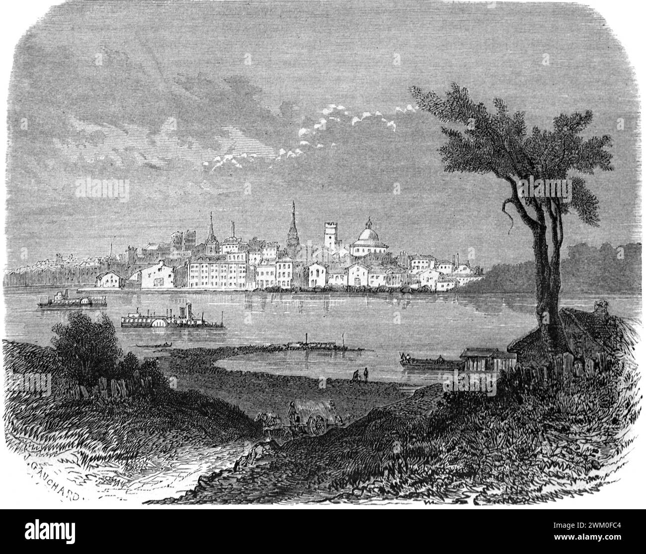 Blick auf Louisville und Raddampfer oder Dampfschiffe auf dem Ohio River Kentucky USA, USA oder USA. Vintage oder historische Gravur oder Illustration 1863 Stockfoto
