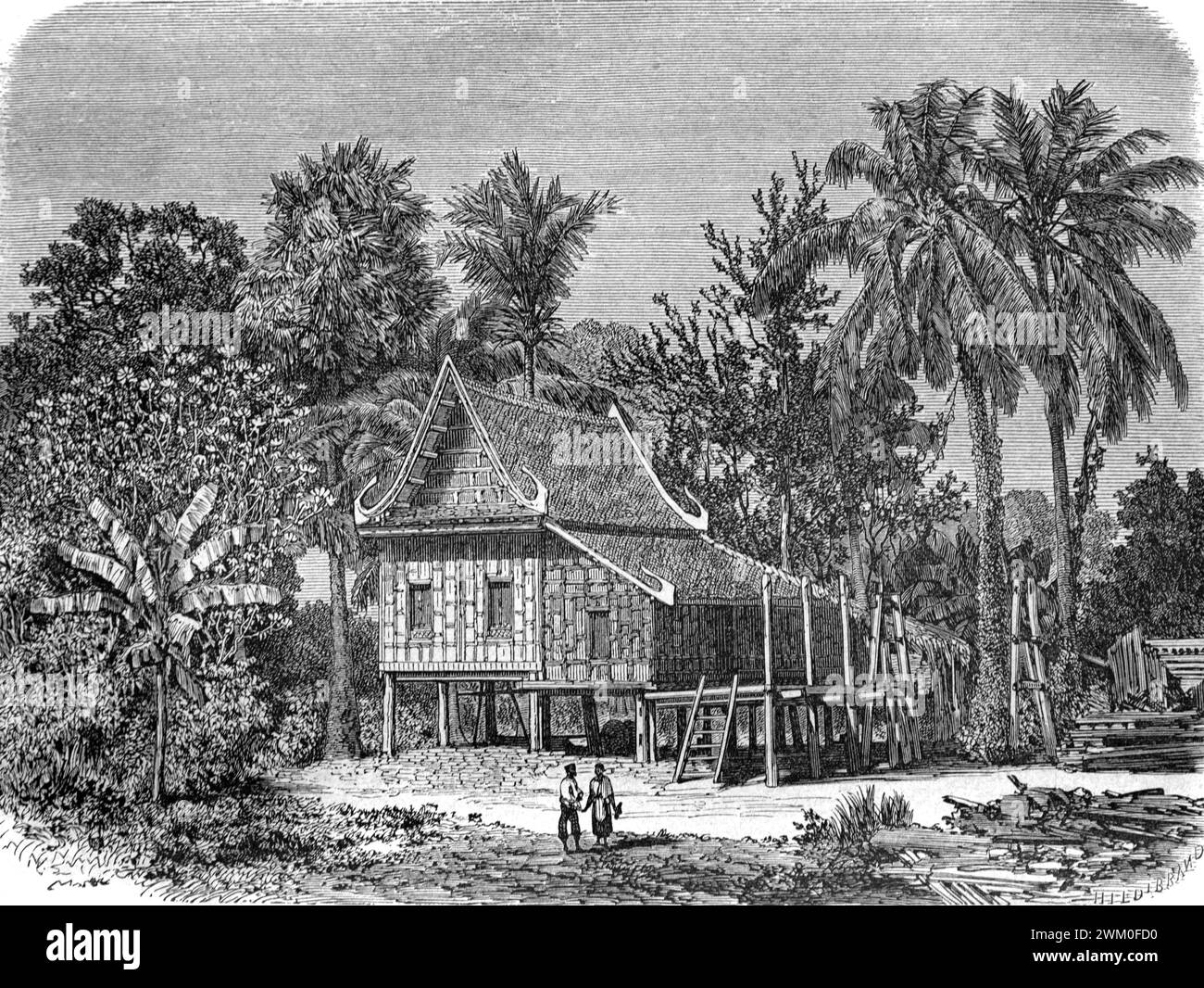 Traditionelles Haus des Häuptlings, des Obersten oder des älteren buddhistischen Mönchs oder Talapoin in Nophaburi oder Nophabury Thailand. Vintage der historischen Gravur oder Illustration 1863 Stockfoto