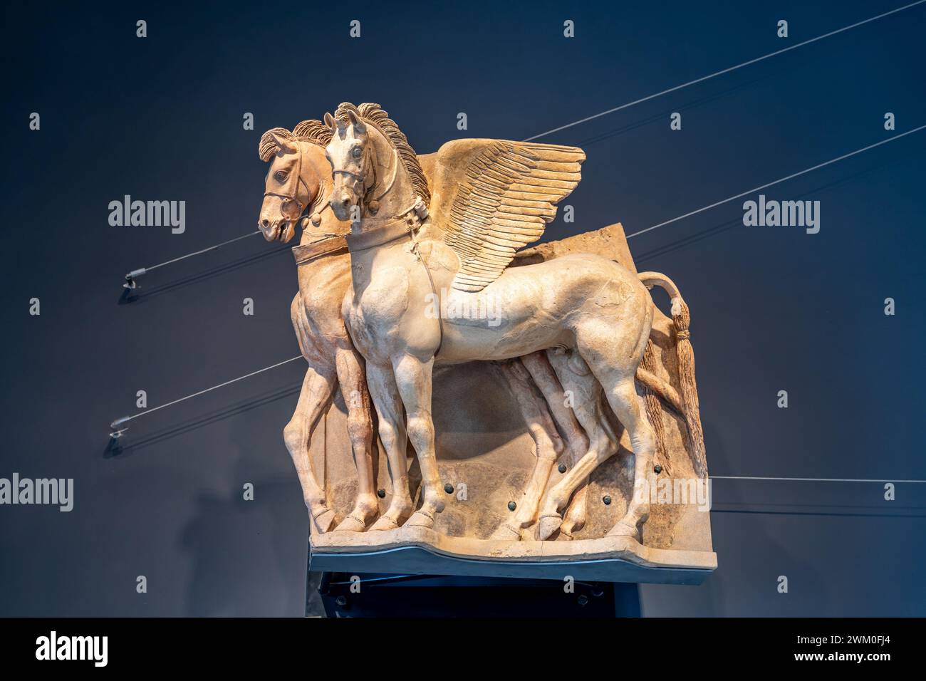 Altes dekoratives Stück mit Pegasus, das in eine Marmorwand geschnitzt ist Stockfoto