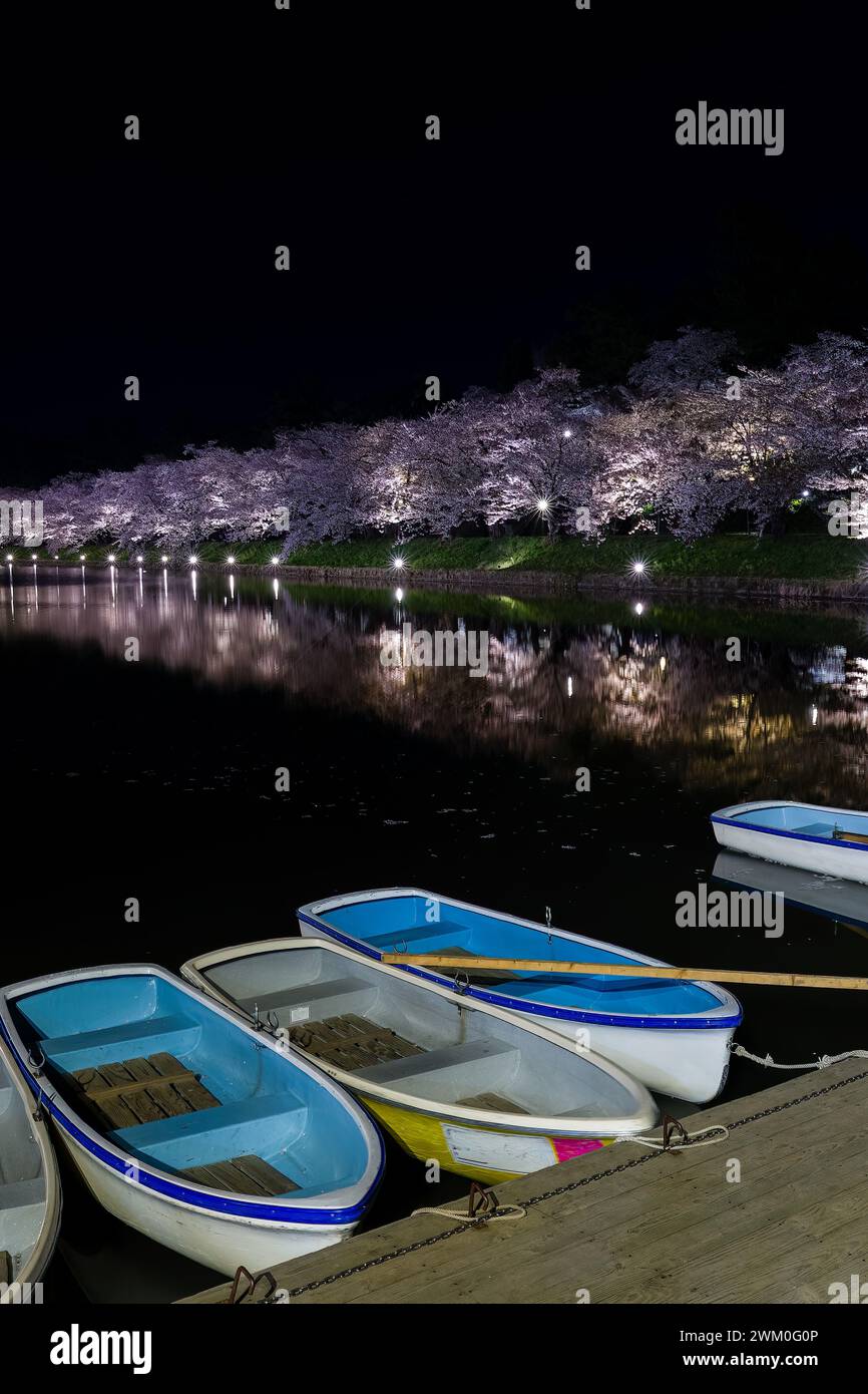 Hölzerne Ruderboote und bunte Kirschblüten im Hirosaki Park bei Nacht Stockfoto