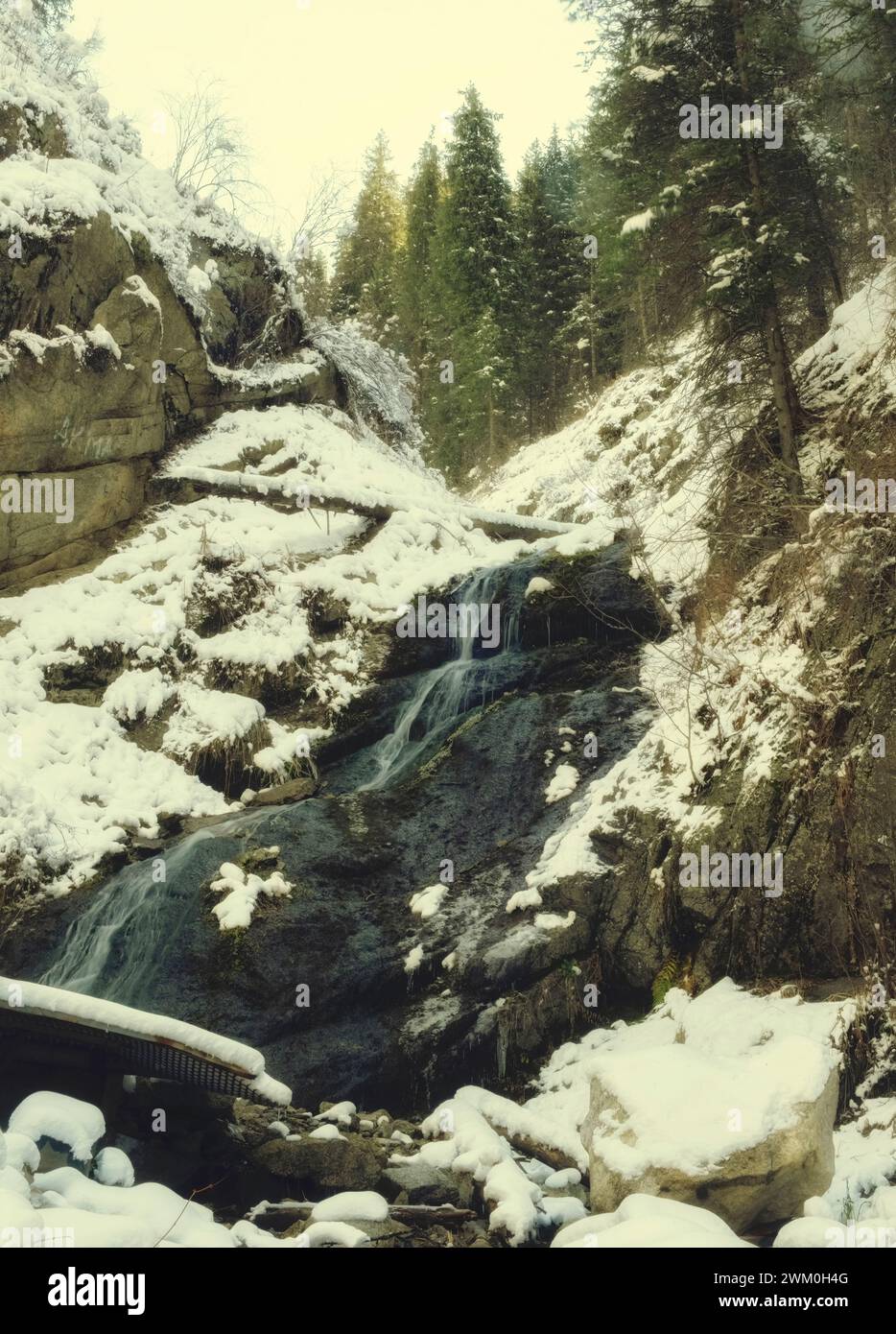 Ein kleiner, nicht gefrierender Wasserfall verläuft in den Felsen der Winterberge Stockfoto