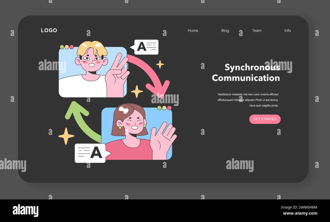Zwei virtuelle Teammitglieder demonstrieren digitale Echtzeit-Interaktion mit lebendigen Pfeilen, die eine direkte und sofortige Kommunikation signalisieren. Flache Vektorillustration, Web oder Landung Stock Vektor