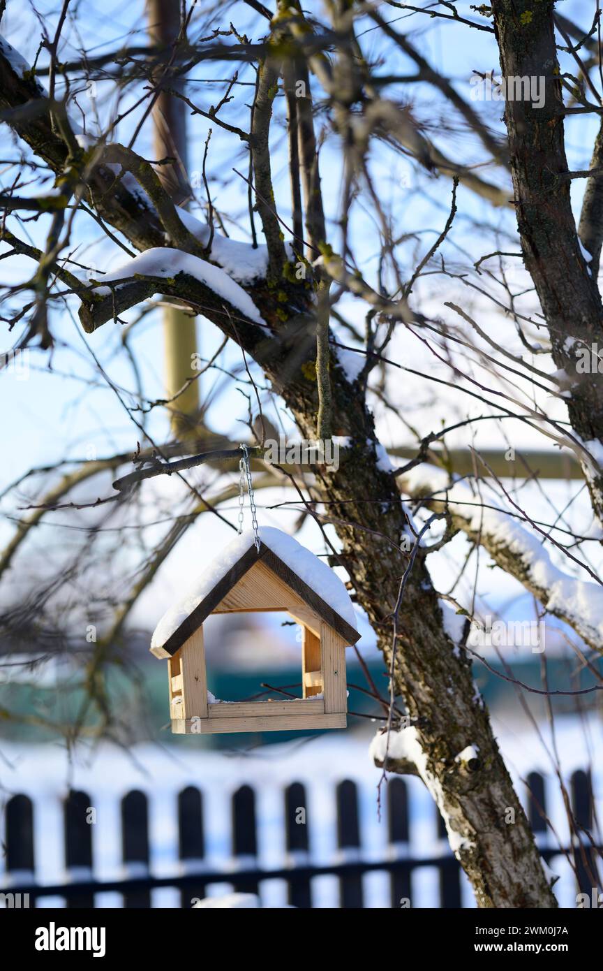 Vogelhaus hängt im Winter an einem Baum Stockfoto