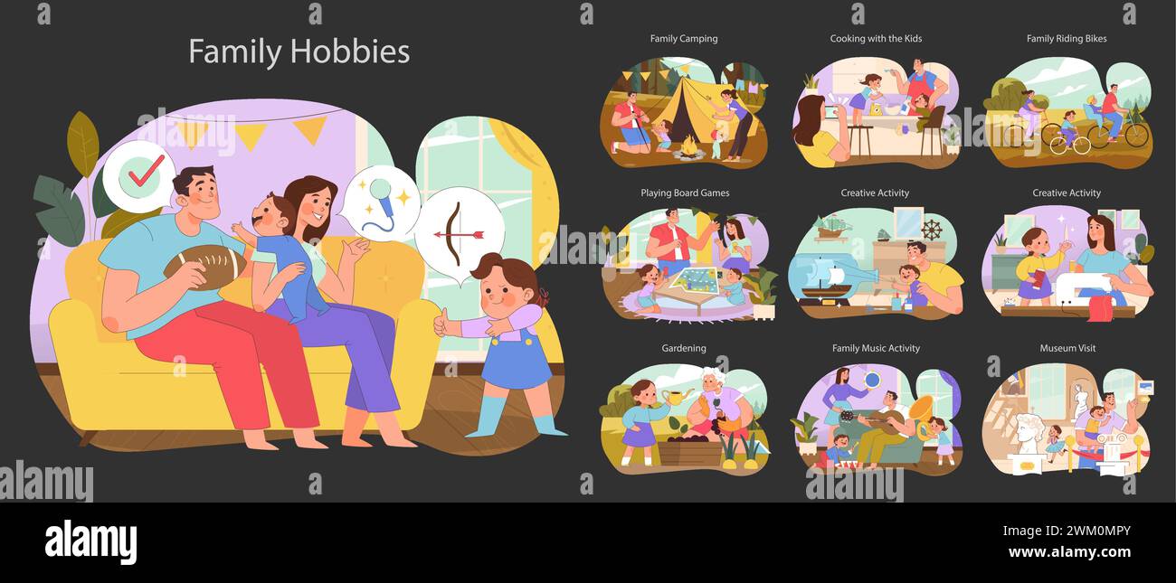 Hobbys für die ganze Familie. Fröhliche Momente entfalten sich, wenn die Familie Camping, Brettspiele, kreatives Kunsthandwerk, Musik und Museumsbesuche betreibt. Stock Vektor