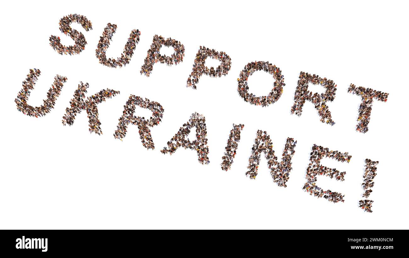 Konzeptbegriff Gemeinschaft der Menschen bilden UNTERSTÜTZUNG UKRAINE Slogan. 3D Illustration Metapher für Gemeinschaft, Freundschaft, Mitgefühl, Freundlichkeit Stockfoto