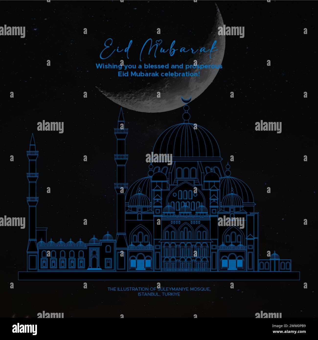 Eid Mubarak mit der Illustration der Süleymaniye-Moschee. Turkiye Wahrzeichen und alte Moschee. Stock Vektor