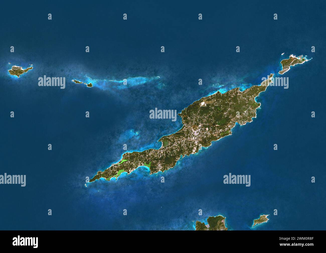 Farb-Satellitenbild von Anguilla, einem britischen Überseegebiet in der östlichen Karibik. Stockfoto