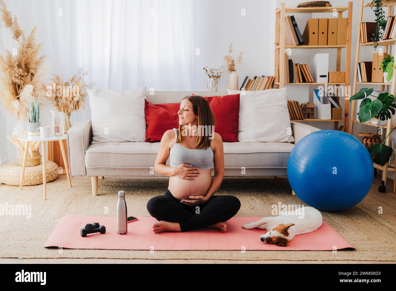 Schwangere Frau mit Händen auf dem Magen, die zu Hause im Wohnzimmer sitzt Stockfoto