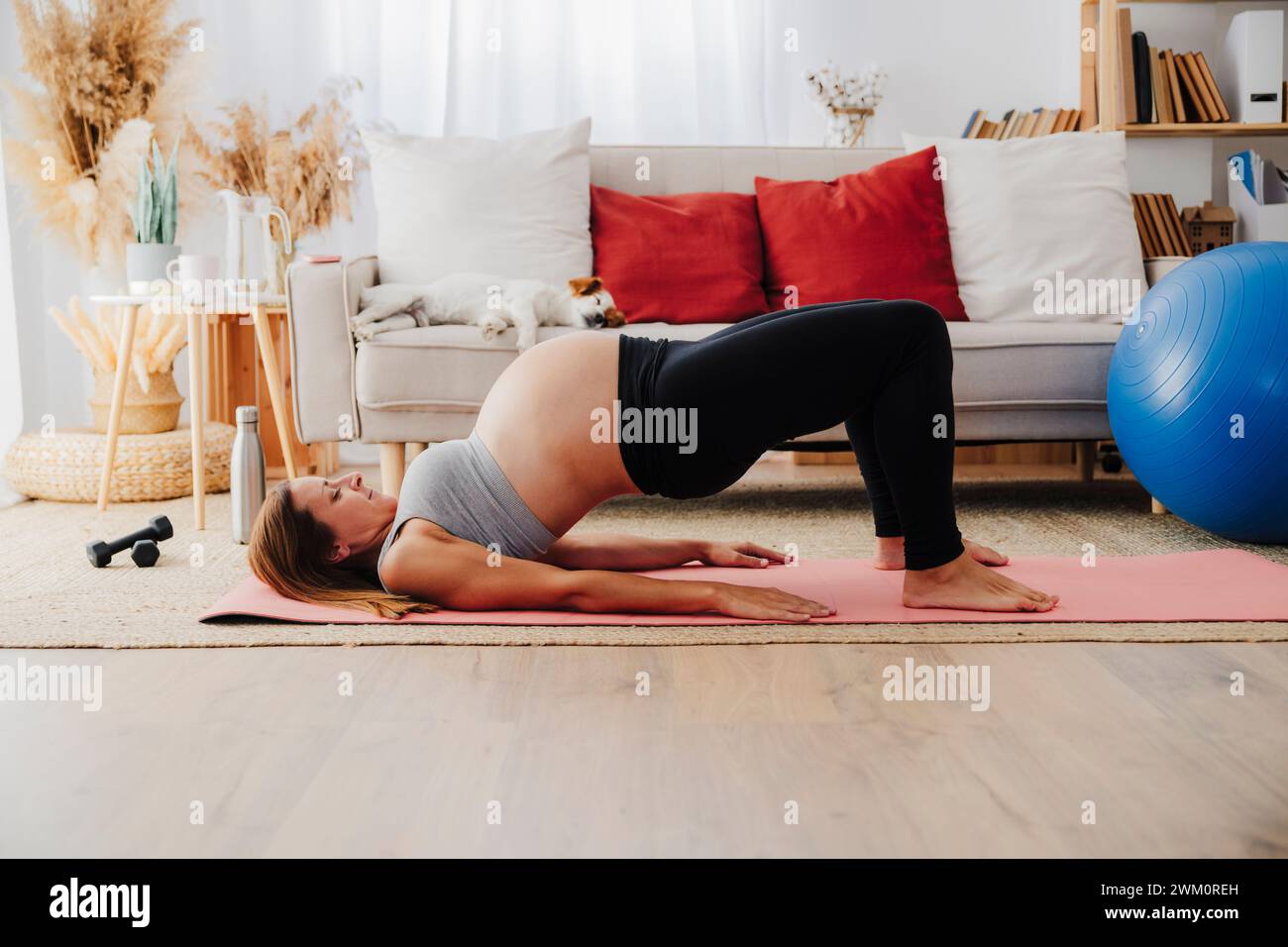 Schwangere Frau, die auf einer Trainingsmatte liegt und im Wohnzimmer eine Brückenhaltung praktiziert Stockfoto