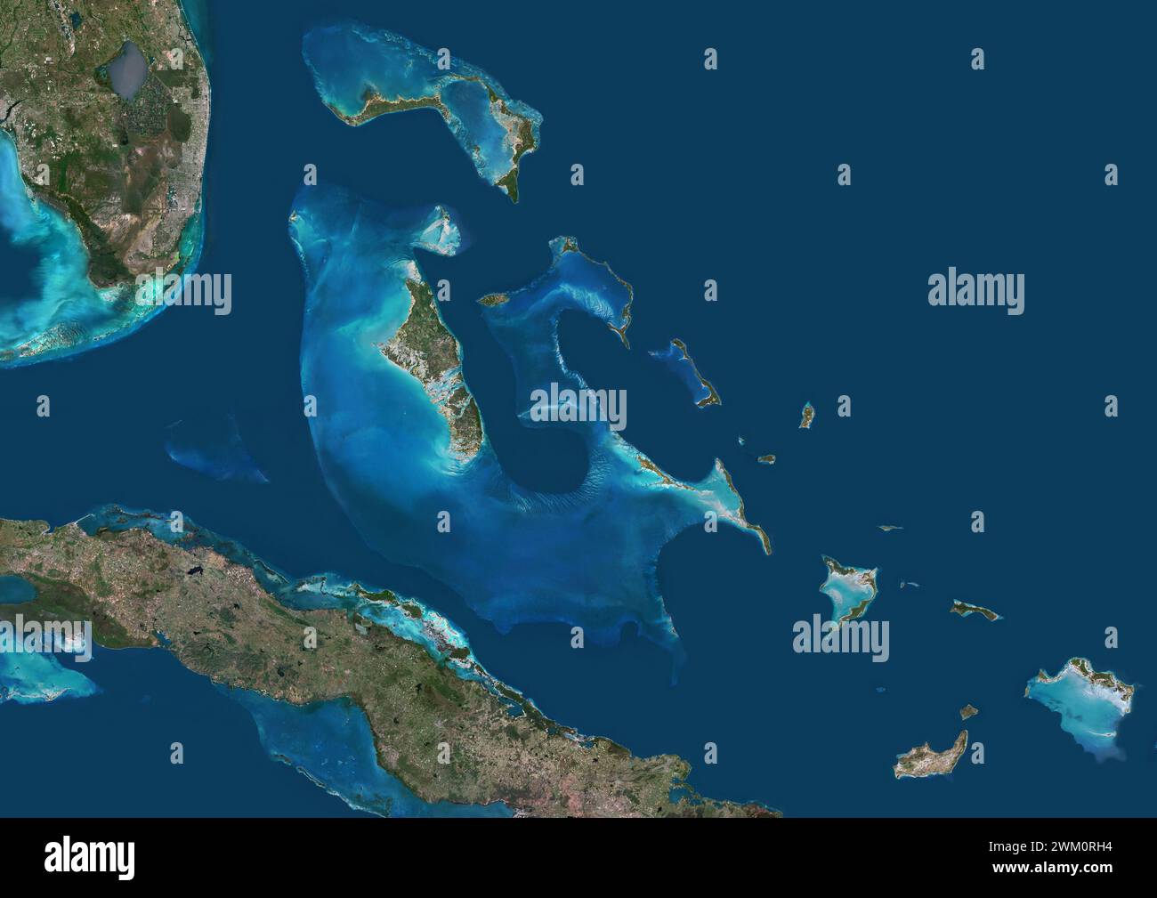 Farb-Satellitenbild der Bahamas auf den Westindischen Inseln. Stockfoto