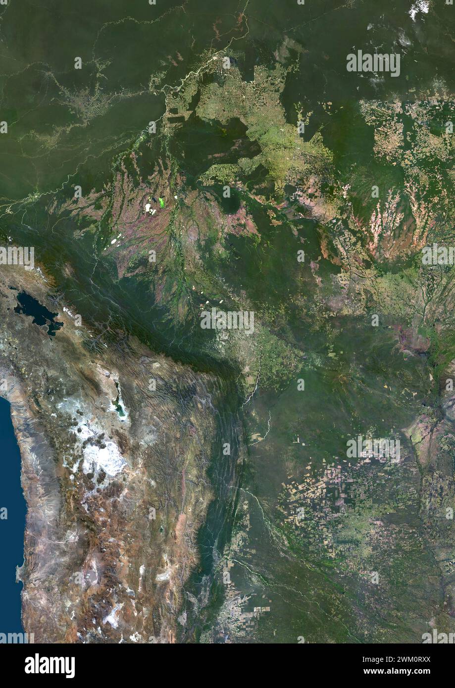 Farb-Satellitenbild Boliviens und der Nachbarländer. Stockfoto