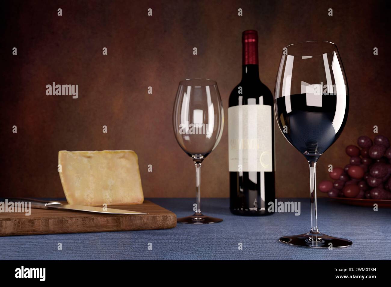 3D-Rendering von Käsebrett, Weingläsern und einer Flasche Rotwein Stockfoto